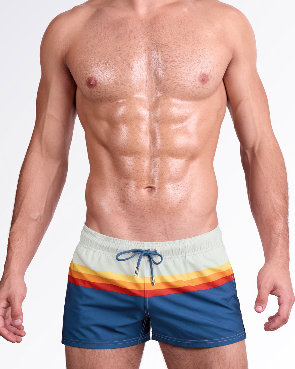 DC2 Sunset Stripes Poolside Shorts — model wearing Sunset Stripes Poolside Shorts featuring a color-block design with soft sage green, warm sunset stripes, and deep blue swim fabric.