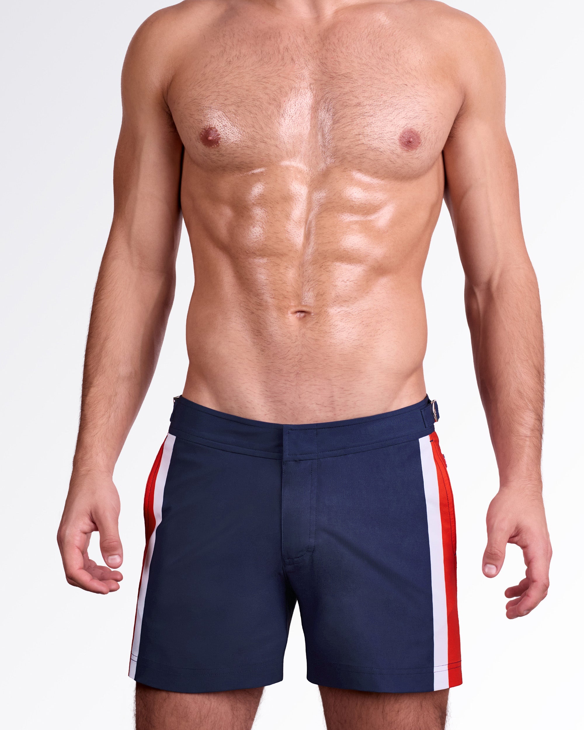 DC2 Miami Maritime Tailored Shorts — front view highlighting sleek silhouette, contrast side panel in red and white, and smooth premium swim fabric.