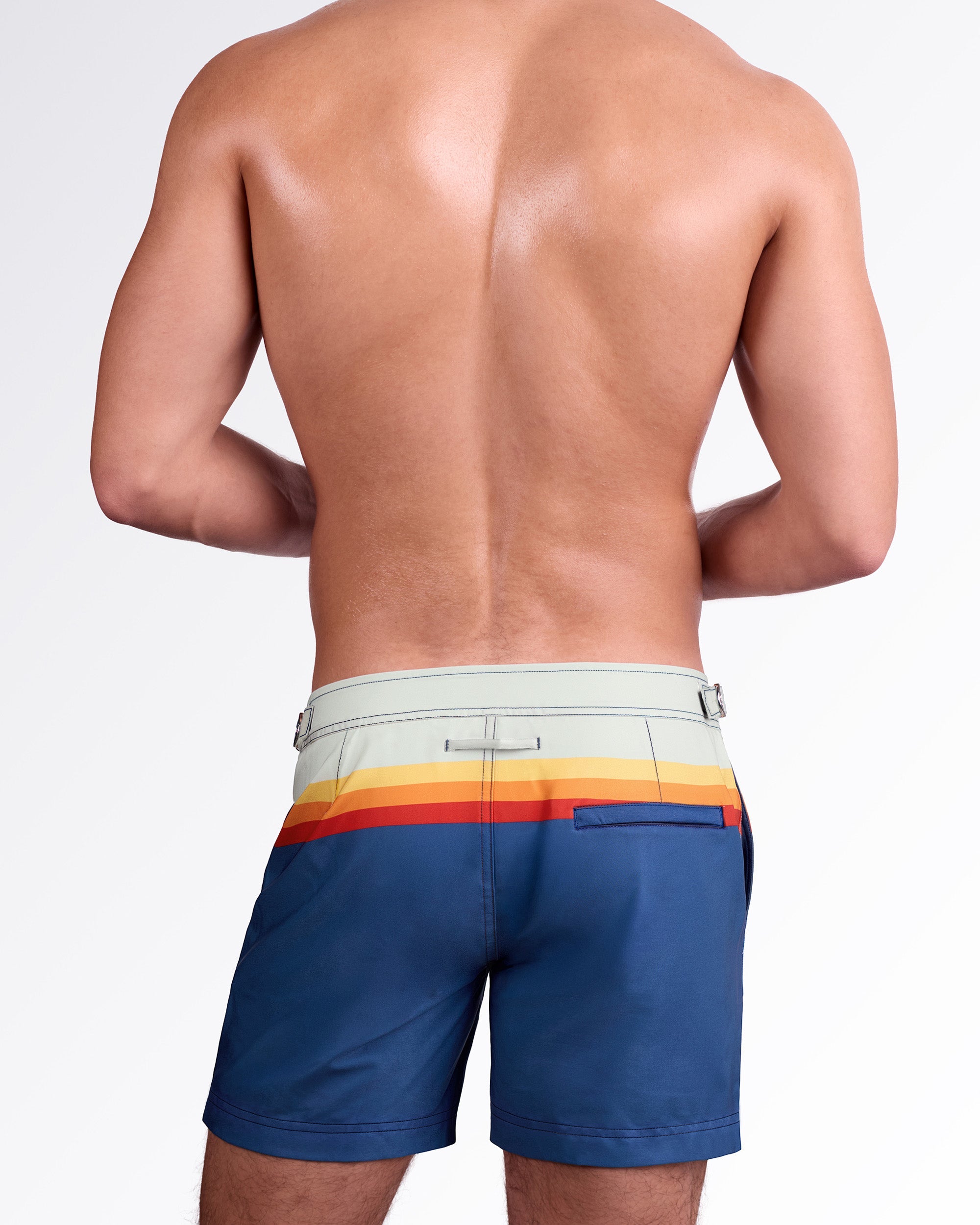 DC2 Miami Sunset Stripes Tailored Shorts — back view showing the color-block design with sunset stripe panel, tailored fit, and rear welt pocket.