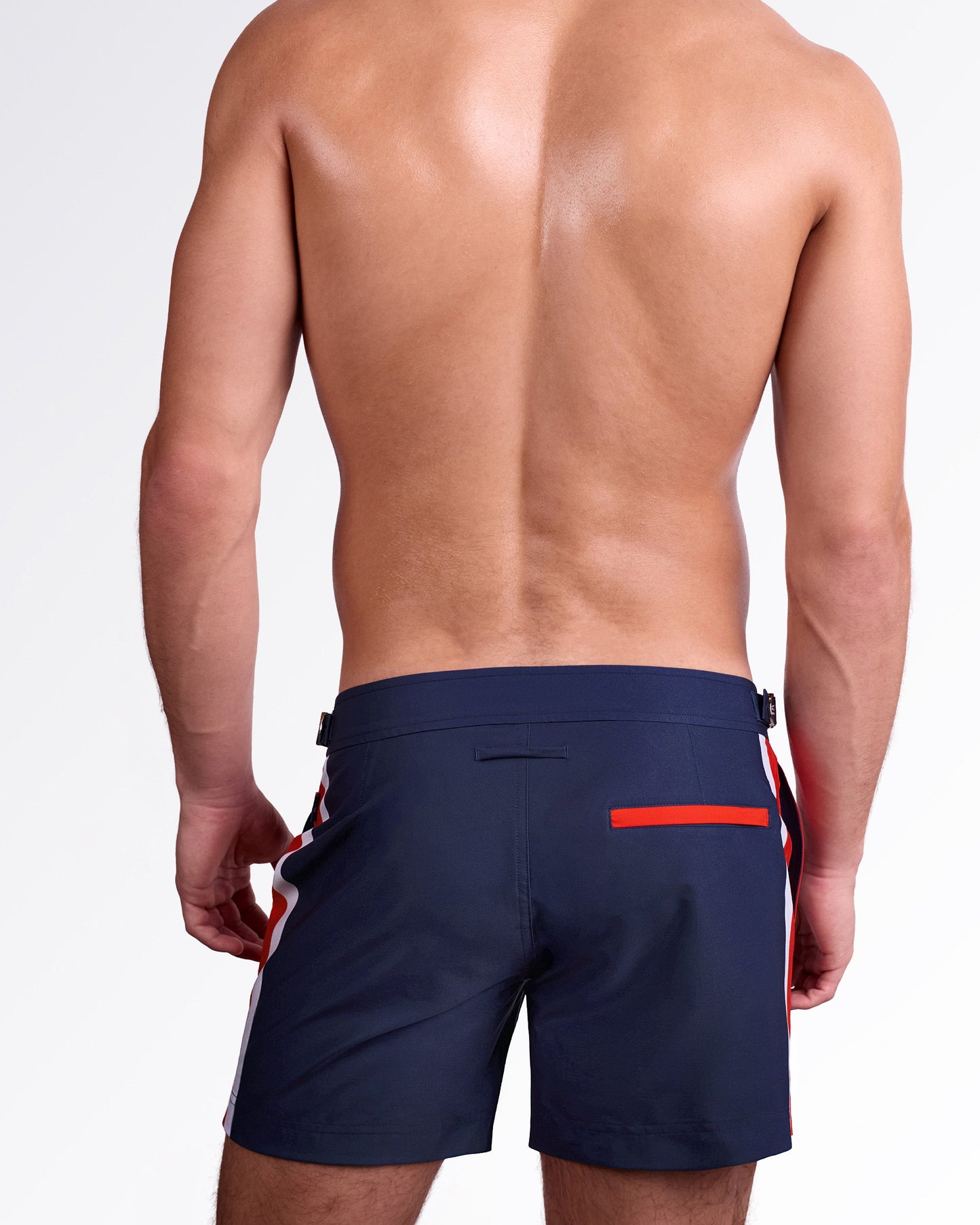 DC2 Miami Maritime Tailored Shorts — back view showcasing tailored cut, rear welt pocket with red detail, and minimalist navy design.
