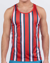 Men's red, white, and teal striped tank top – SWIFT STRIPES by DC2 Miami – athletic cut, quick-dry fabric, ideal for workouts and summer