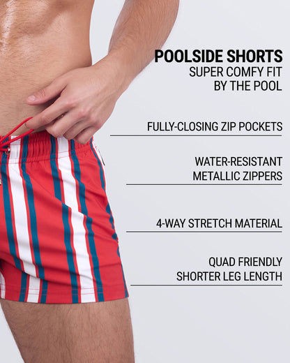 SWIFT STRIPES poolside shorts feature callouts for: fully-closing zip pockets, metallic water-resistant zippers, soft 4-way stretch material, quad-accentuating shorter inseam, and head-turning vertical stripe print.