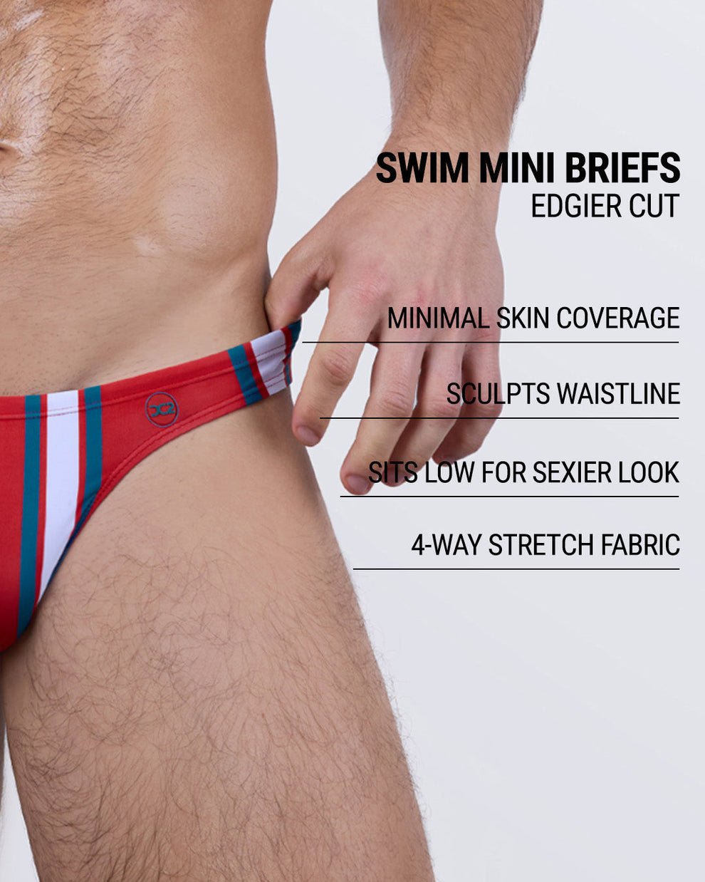 Infographic explaining the edgier cut of the Swim Mini Briefs. Features sculpt waistline, 4-way stretch fabric, sits low for sexier look, and has quick-dry material.