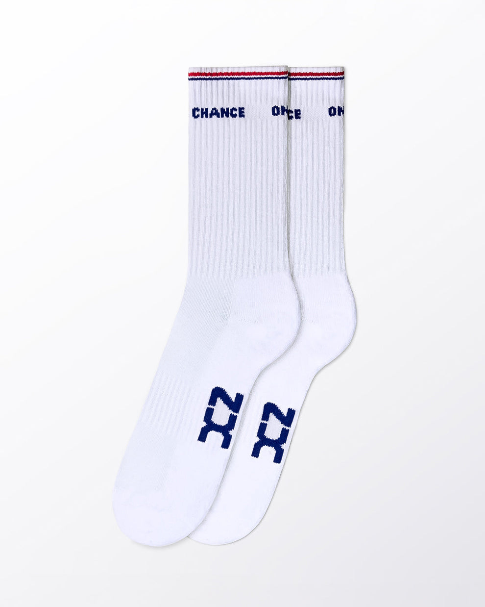 DC2 Take a Chance on Me Ribbed Crew Socks (White) — mid-calf socks with navy DC2 logo on sole and “ONCE CHANCE” cuff detail.