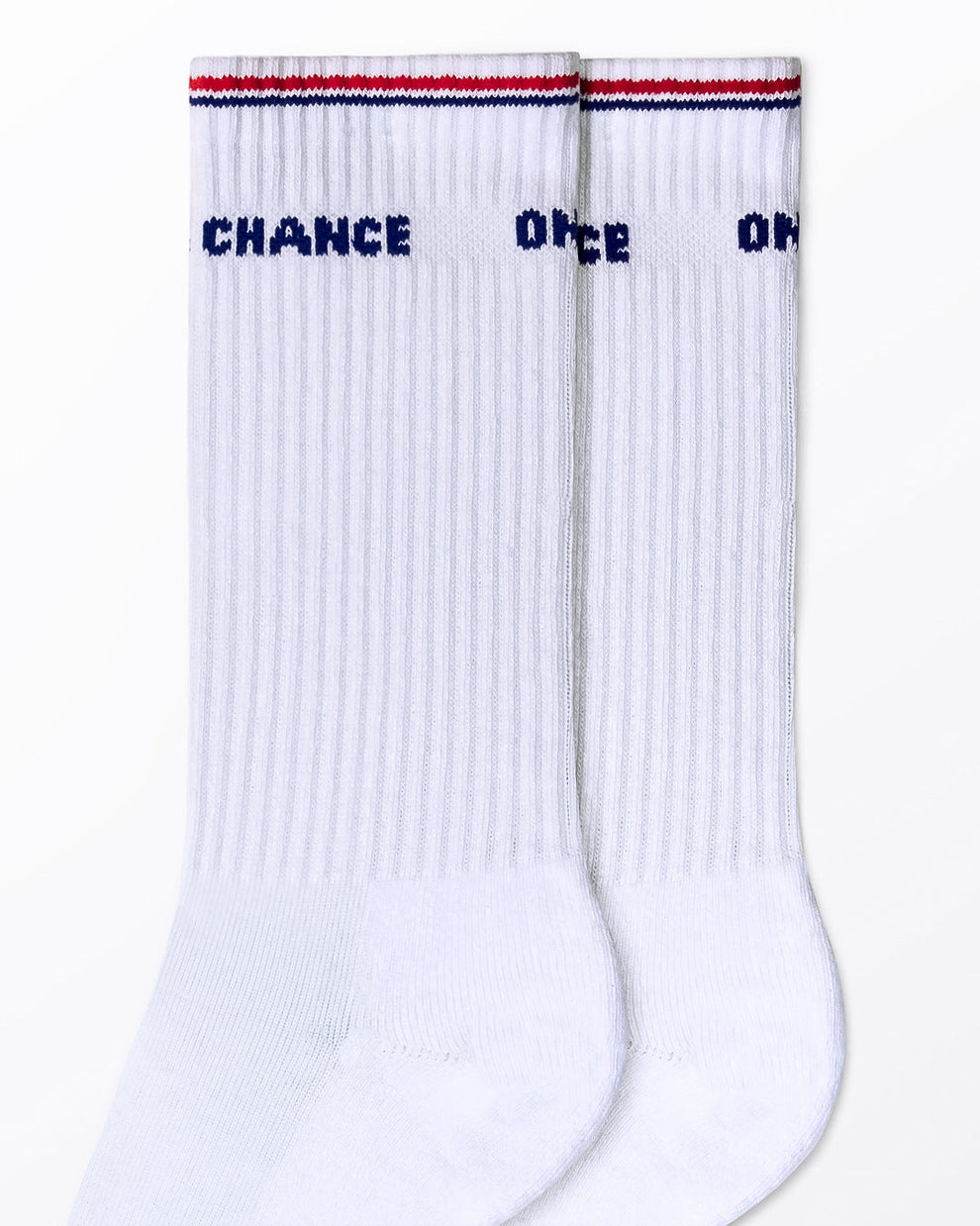 DC2 Take a Chance on Me Ribbed Crew Socks (White) — close-up of ribbed knit, red/navy cuff stripe, and bold text detail.