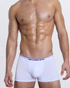 DC2 TAKE A CHANCE ON ME Boxer Brief — model wearing white men’s modal boxer briefs with logo waistband and contoured fit.
