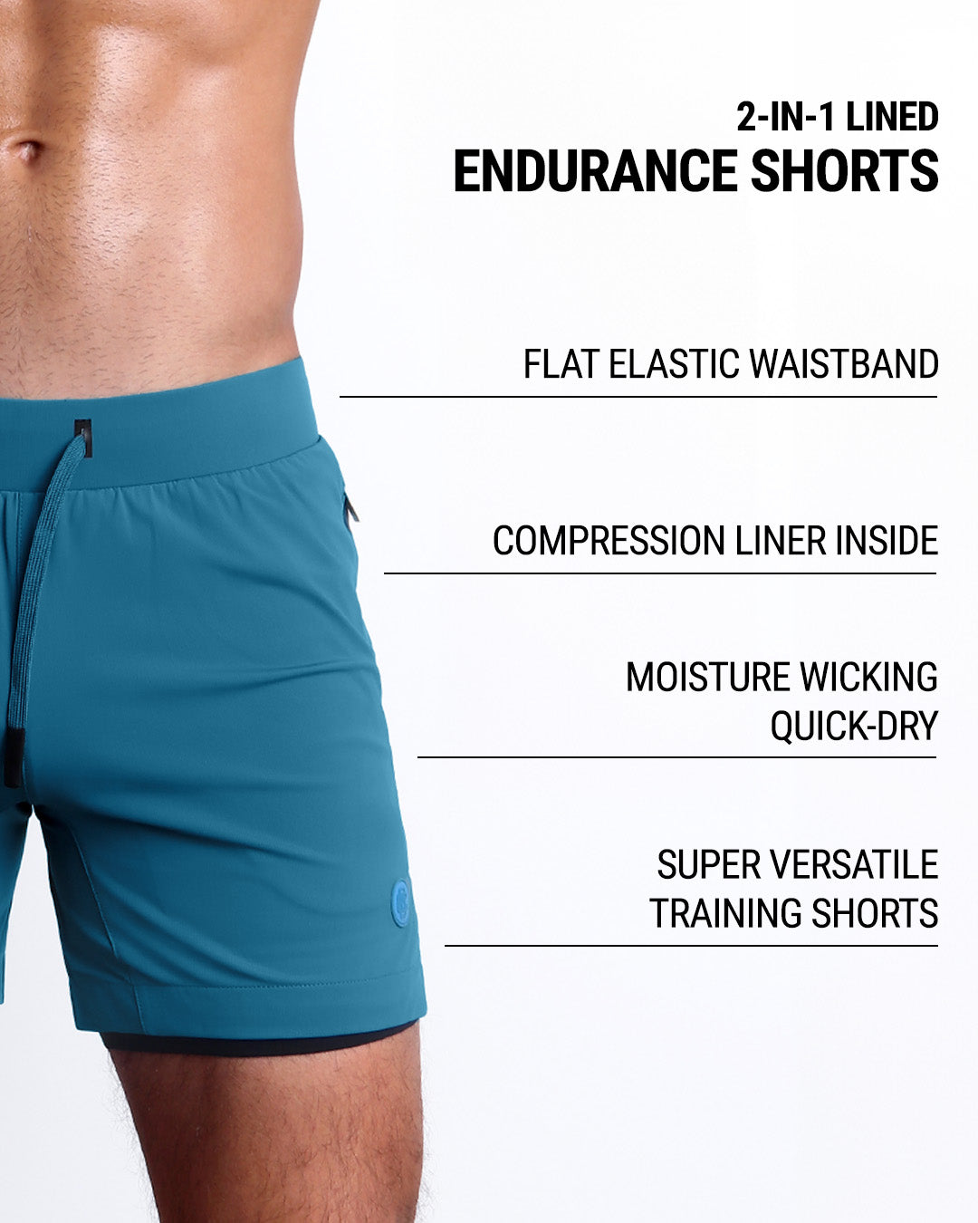 Infographic displaying the features of the men's fitness 2-in-1 Endurance Shorts. These gym shorts come with a flat elastic waistband and a compression liner inside, perfect for active sports such as crossfit, strength training, or running. The activewear shorts are made of moisture-wicking, quick-dry material, making them very versatile training shorts.