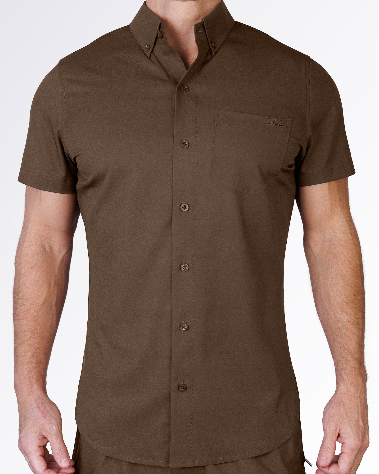 DC2 Miami That's That Me Espresso Stretch Shirt – men's slim-fit short sleeve button-down in espresso brown with chest pocket
