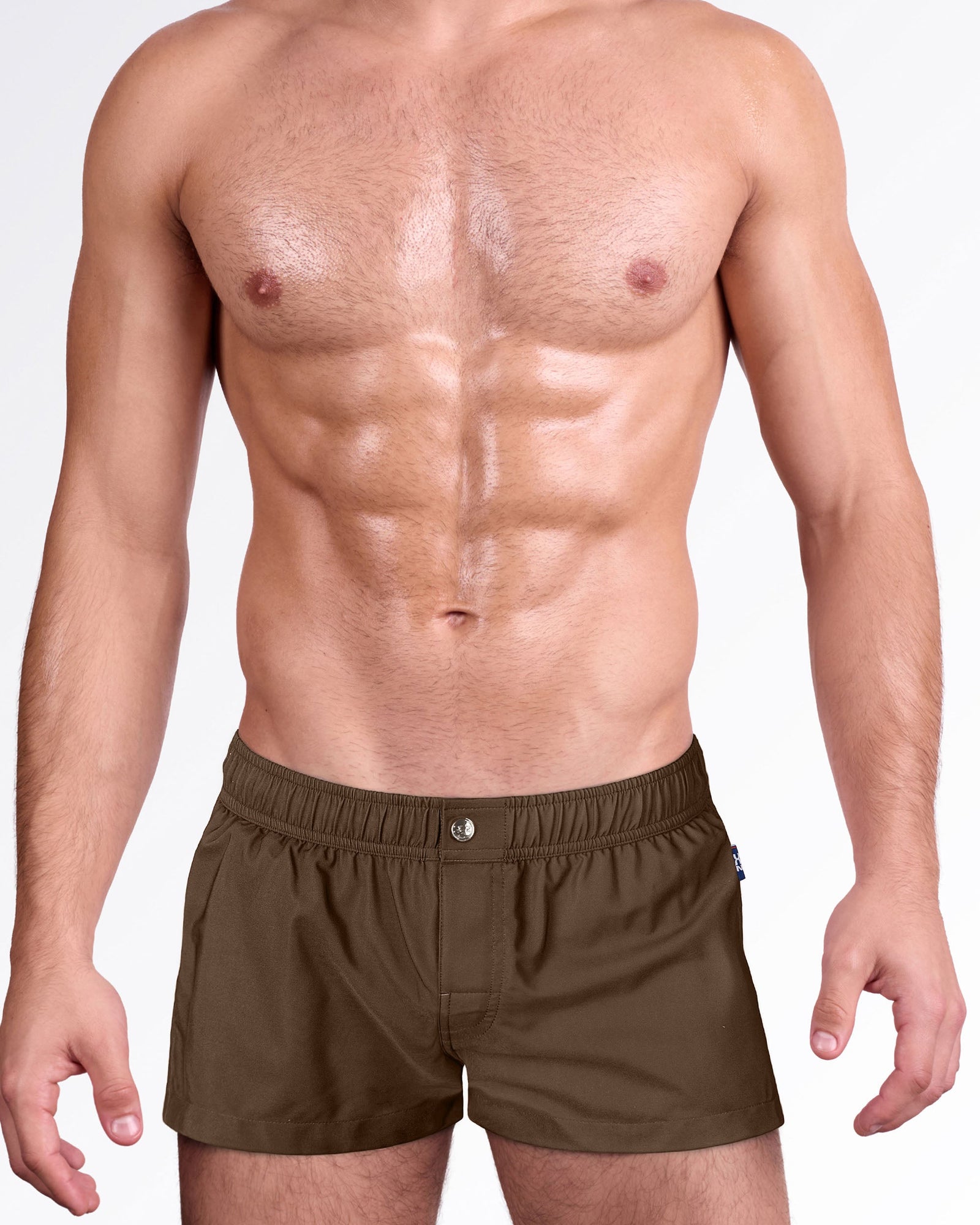 That’s That Me Espresso Mini Shorts by DC2 Miami in espresso brown with a short cut, elastic waistband, and snap-front detail.