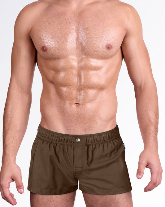 That’s That Me Espresso Mini Shorts by DC2 Miami in espresso brown with a short cut, elastic waistband, and snap-front detail.