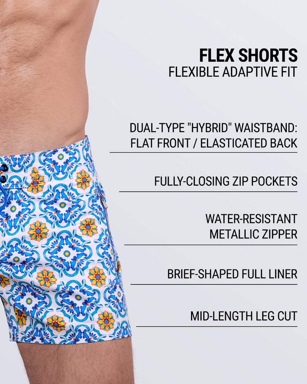 Close-up emphasizing key features: hybrid waistband (flat front and elasticated back), fully-closing zip pockets, water-resistant metallic zipper, and a brief-shaped full liner for superior comfort.