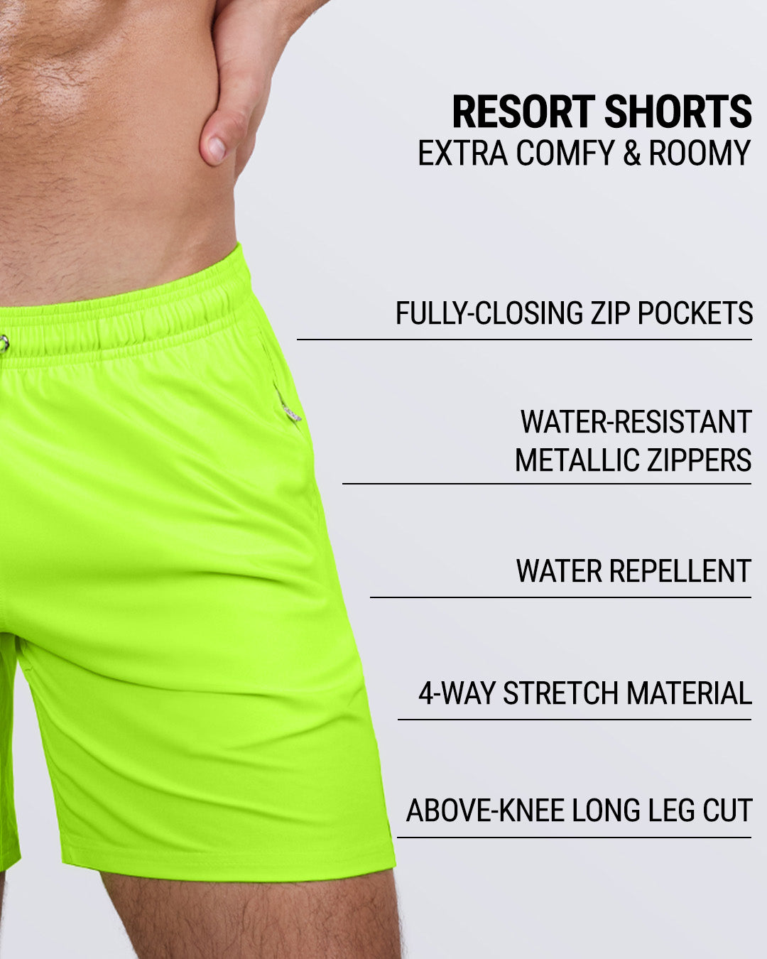 Detailed close-up of the ULTRA NEON Resort Shorts by DC2 Miami, showcasing their premium design and functional features. These above-the-knee swim shorts offer a fully-closing zip pocket for secure storage, water-resistant metallic zippers, and a water-repellent fabric that ensures quick drying. The four-way stretch material provides superior comfort and flexibility, while the modern long-leg cut delivers a stylish and relaxed fit, perfect for beach days, resort lounging, and casual summer wear.