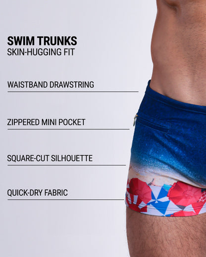 Infographic explaining the Swim Trunks swimming shorts by DC2. These Swim Trunks have a skin-hugging fit, have separate waistband construction, zippered mini pocket, square-cut form-fitting silhouette and quick-dry fabric.