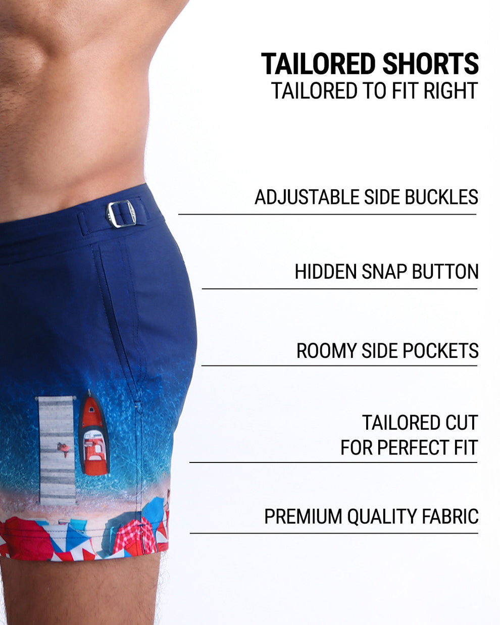 DC2’s Tailored Shorts are designed to fit every body form. They are equipped with adjustable side buckles, a hidden snap button, roomy side pockets, and made of premium quality fabric.