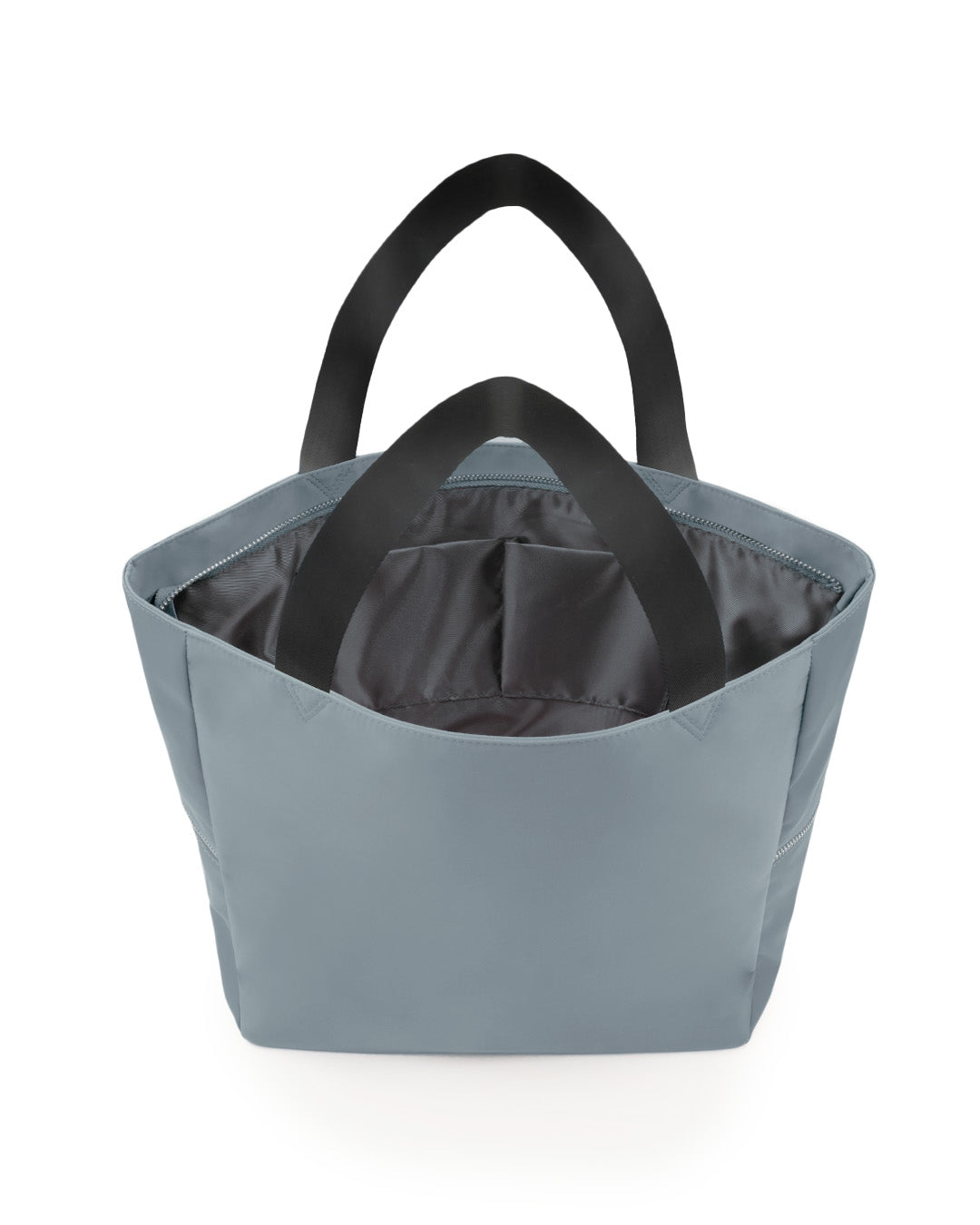 Back view of the VACAY GRAY Poolside Tote Bag by DC2 Miami, highlighting the subtle solid grey color across the entire exterior. The bag features wide, sturdy black handles and a spacious interior, perfect for carrying essentials for beach trips or everyday use.