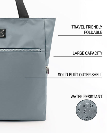 Infographic highlighting the key features of the VACAY GRAY Poolside Tote Bag by DC2 Miami. The image showcases the bag's solid grey color and points out its travel-friendly foldable nature, large capacity, solid-built outer shell, and water-resistant material. A close-up of water droplets on the fabric illustrates the water resistance of the bag.