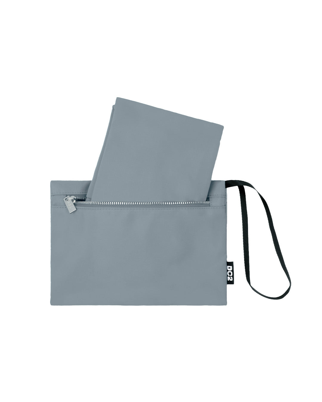 Close-up view of the detachable pouch from the VACAY GRAY Poolside Tote Bag by DC2 Miami. The pouch features a stylish solid light gray color, a secure zippered closure, and a convenient wrist strap for easy carrying. Designed for versatility, this pouch is perfect for storing small essentials.