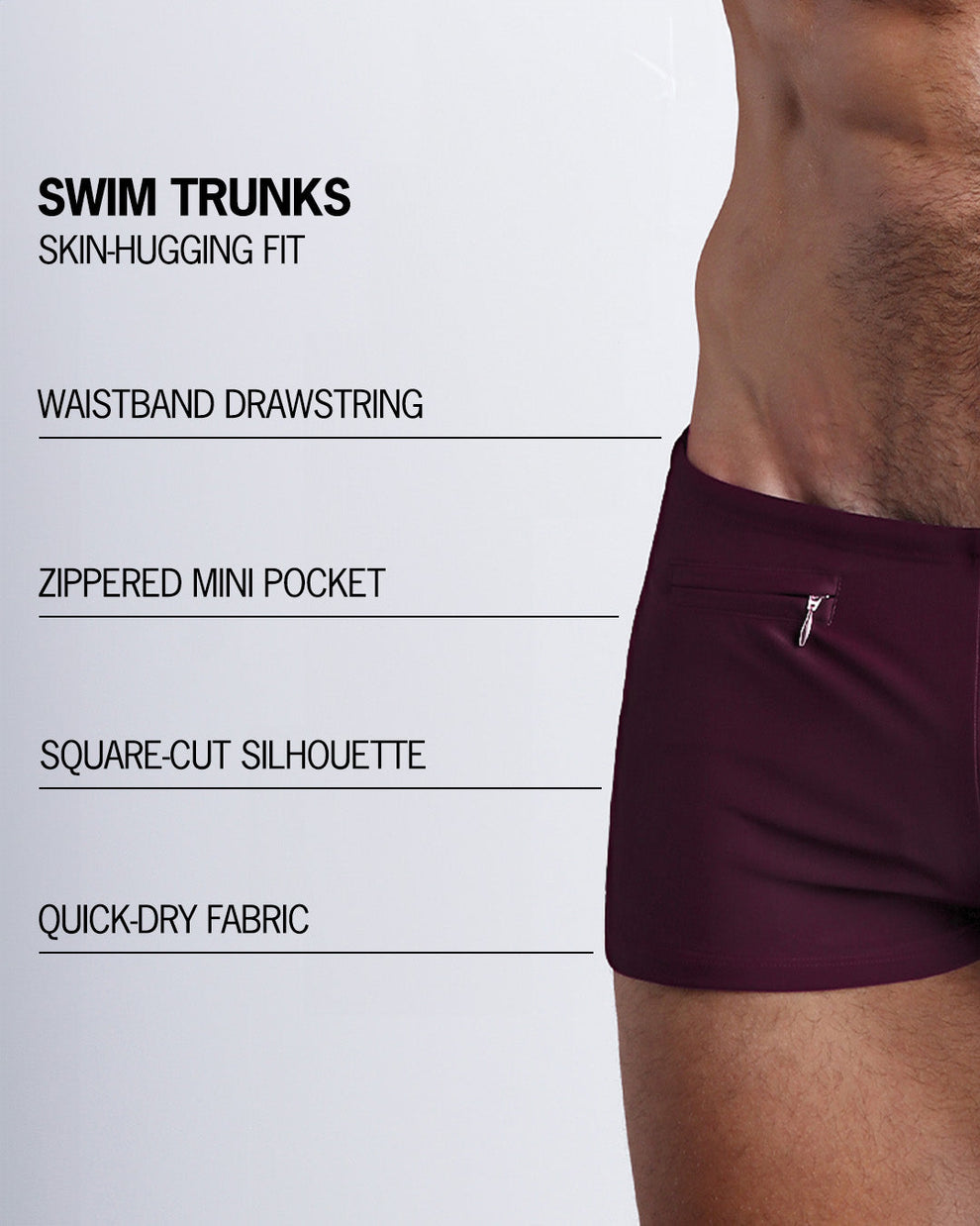 Product detail graphic of VERY BERRY Swim Trunks — skin-hugging square-cut fit, zippered mini pocket, and quick-dry fabric.
