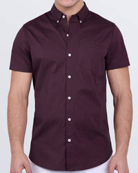 DC2 Very Berry men’s short sleeve cotton shirt with chest pocket and button-up front, slim fit style.
