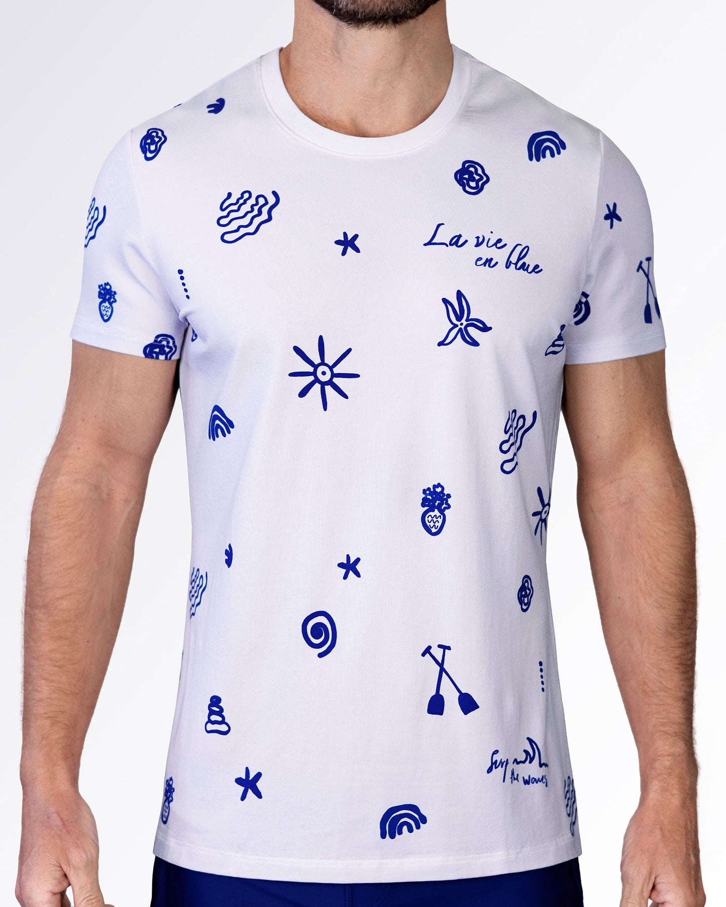 Viva La Vida (Blue) cotton graphic T-shirt by DC2 Miami with royal blue hand-drawn artwork on a crisp white short-sleeve tee.