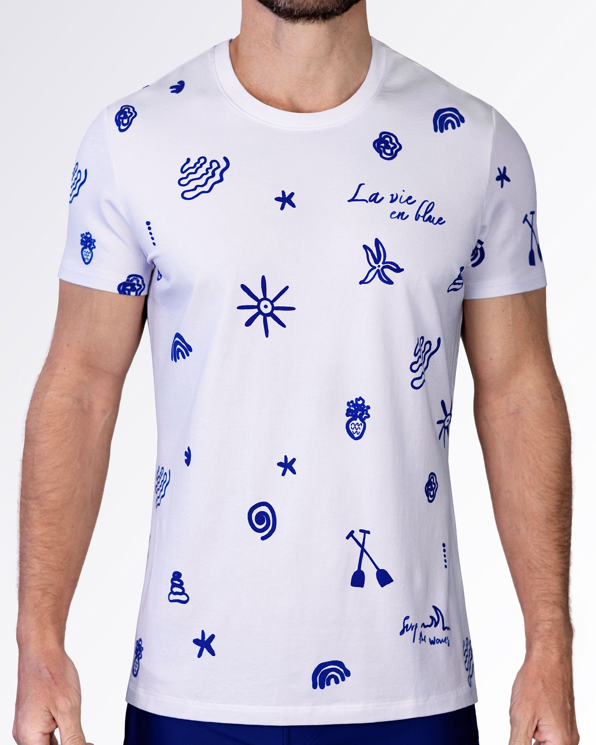 Viva La Vida (Blue) cotton graphic T-shirt by DC2 Miami with royal blue hand-drawn artwork on a crisp white short-sleeve tee.