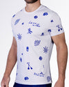 Side view of the Viva La Vida (Blue) cotton T-shirt with bold blue doodle graphics, crewneck collar, and fitted short sleeves.