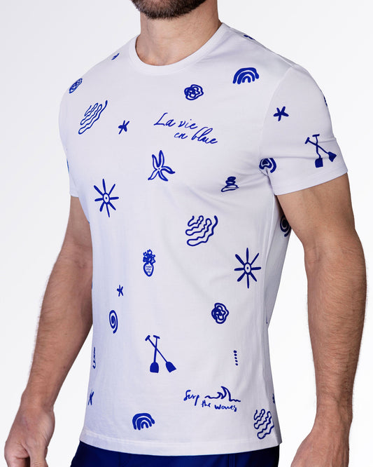 Side view of the Viva La Vida (Blue) cotton T-shirt with bold blue doodle graphics, crewneck collar, and fitted short sleeves.