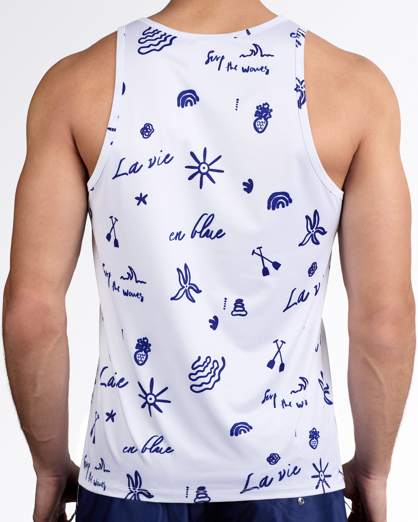 DC2 Viva La Vida (Blue) Gym Tank Top — back view highlighting full navy graphic coverage, athletic racerback cut, and smooth stretch performance fabric.