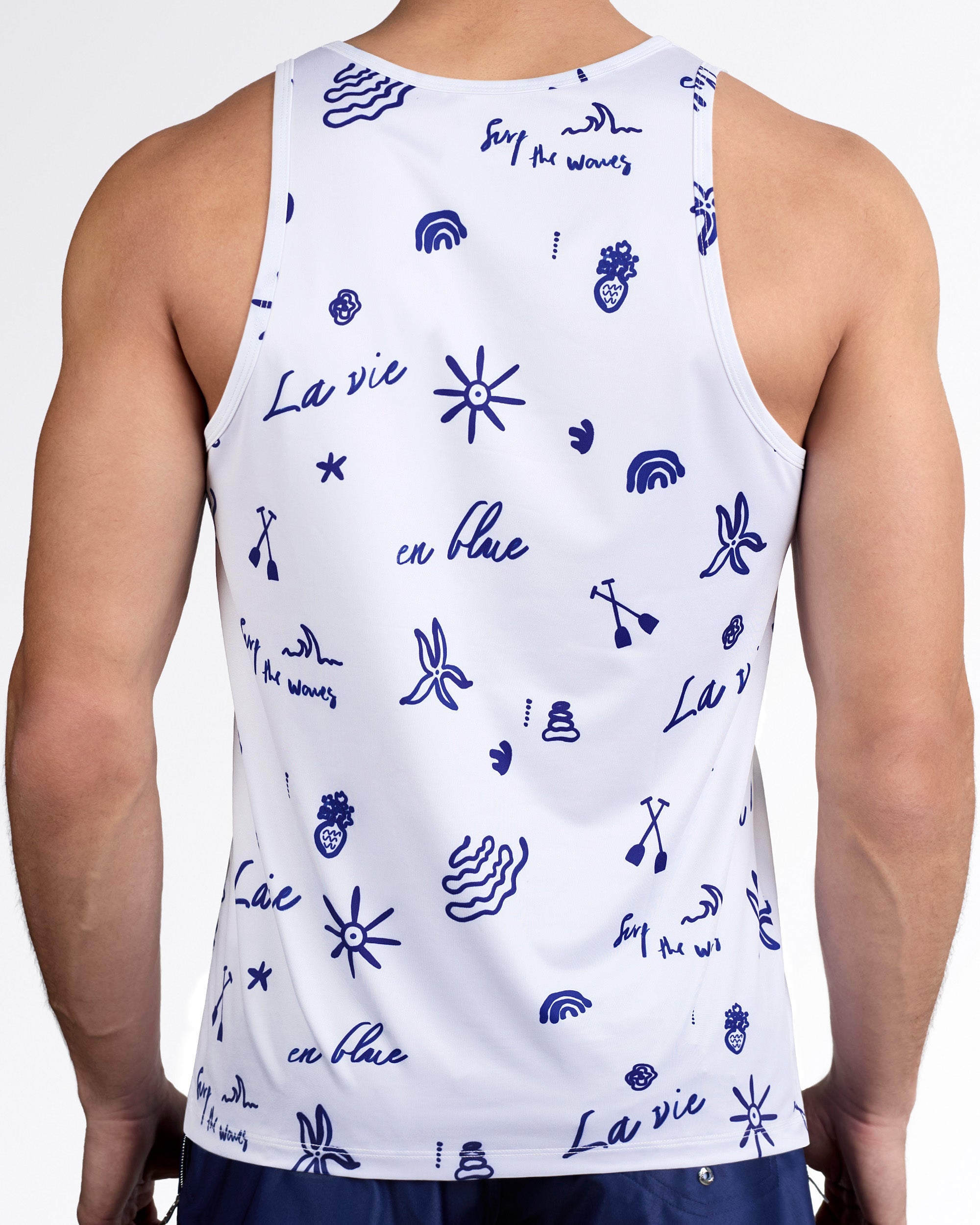 DC2 Viva La Vida (Blue) Gym Tank Top — back view highlighting full navy graphic coverage, athletic racerback cut, and smooth stretch performance fabric.
