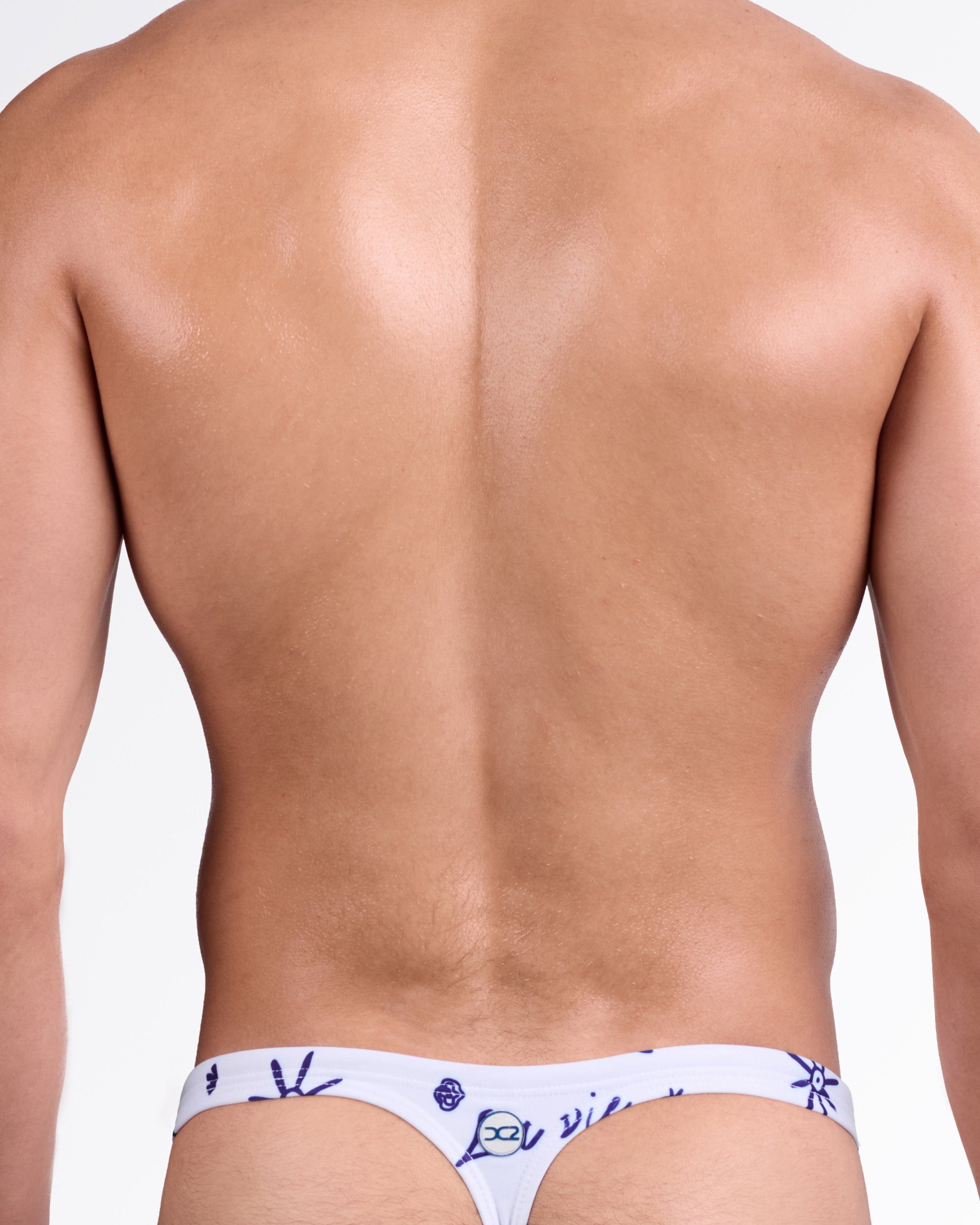 DC2 Viva La Vida (Blue) Swim Thong — back view showing minimal thong silhouette, low-rise waistband, and all-over blue illustrated print detail.