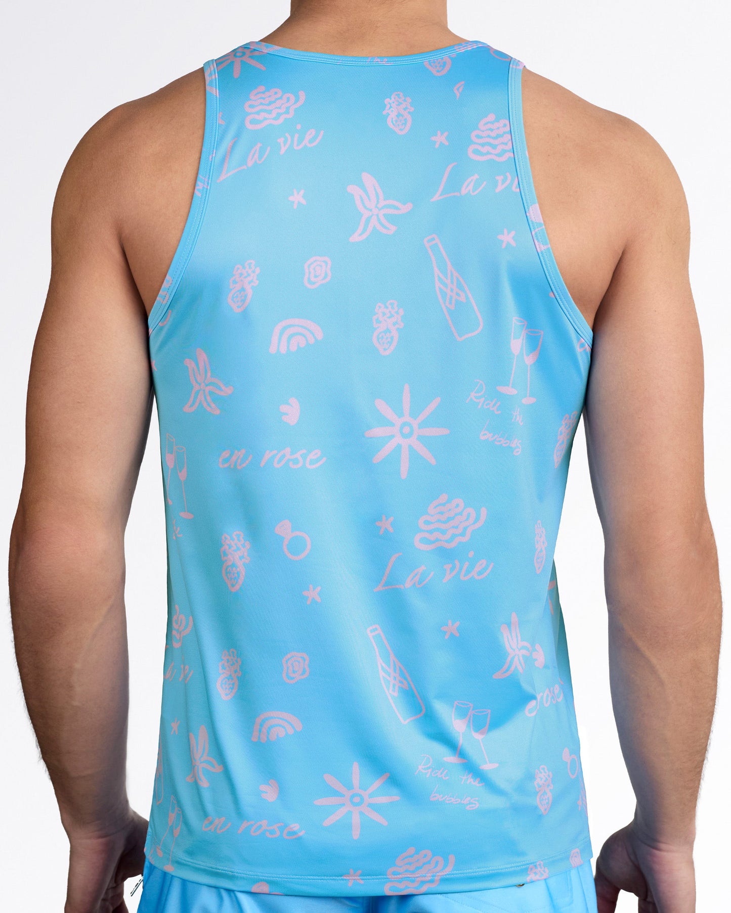 DC2 Viva La Vida (En Rose) Gym Tank Top — back view highlighting full pink print coverage, athletic racerback cut, and lightweight stretch performance fabric.