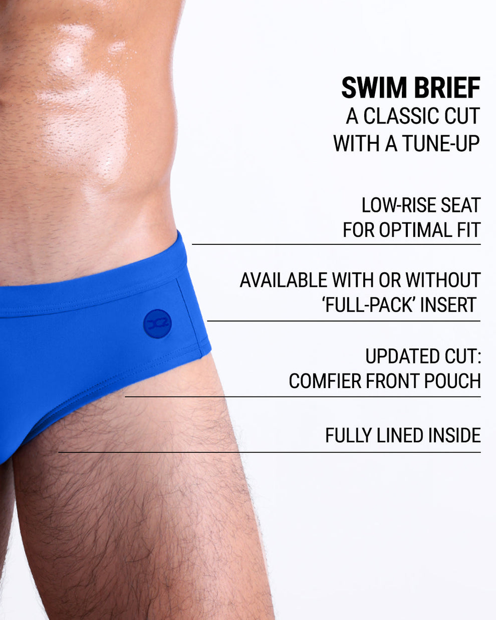 Product detail graphic of NEW WAVE BLUE Swim Briefs — highlighting updated pouch, lining, and Full-Pack insert option.