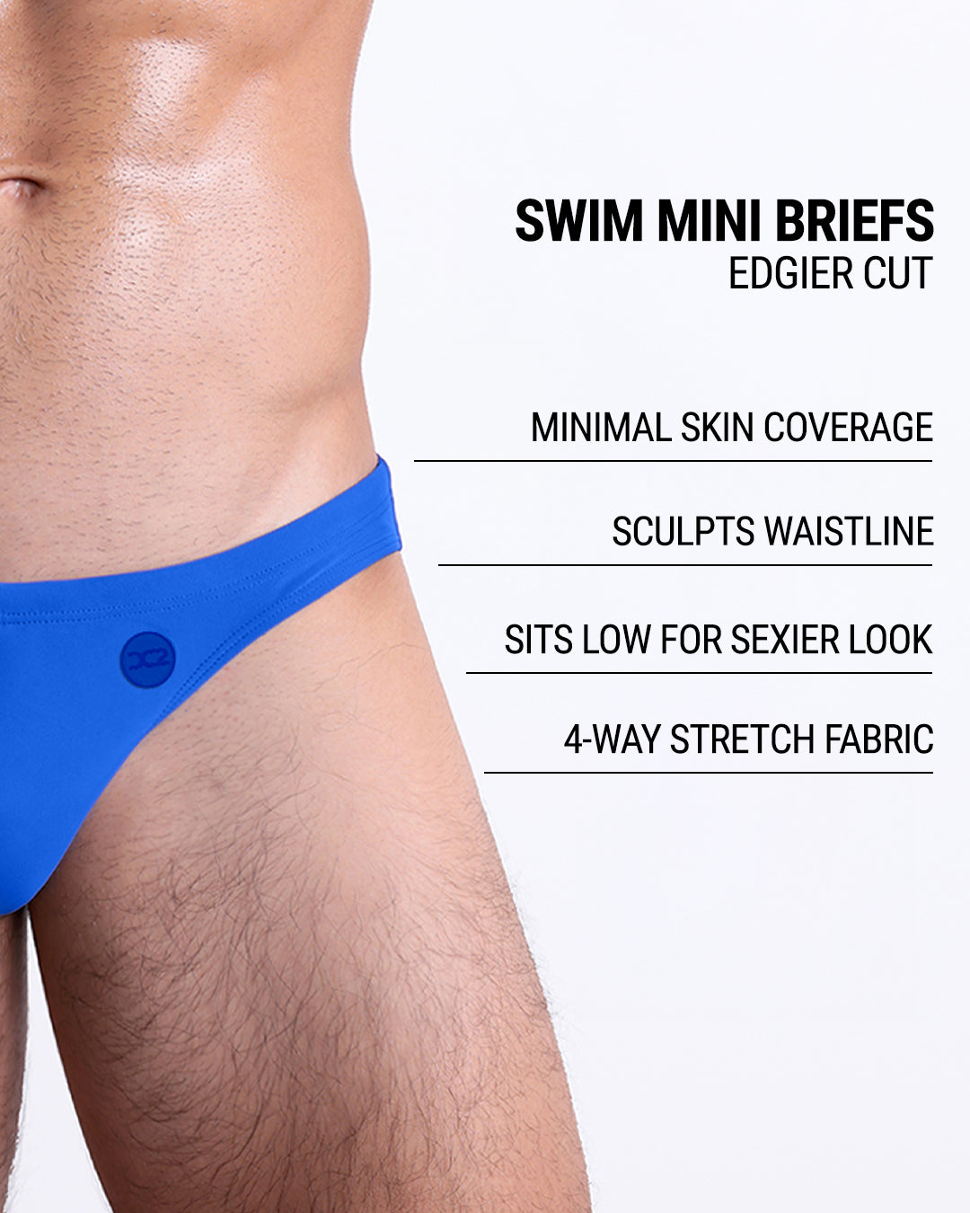 Graphic of DC2 VOULEZ BLUE Swim Mini Briefs — highlights 4-way stretch, low-rise cut, and minimal coverage.