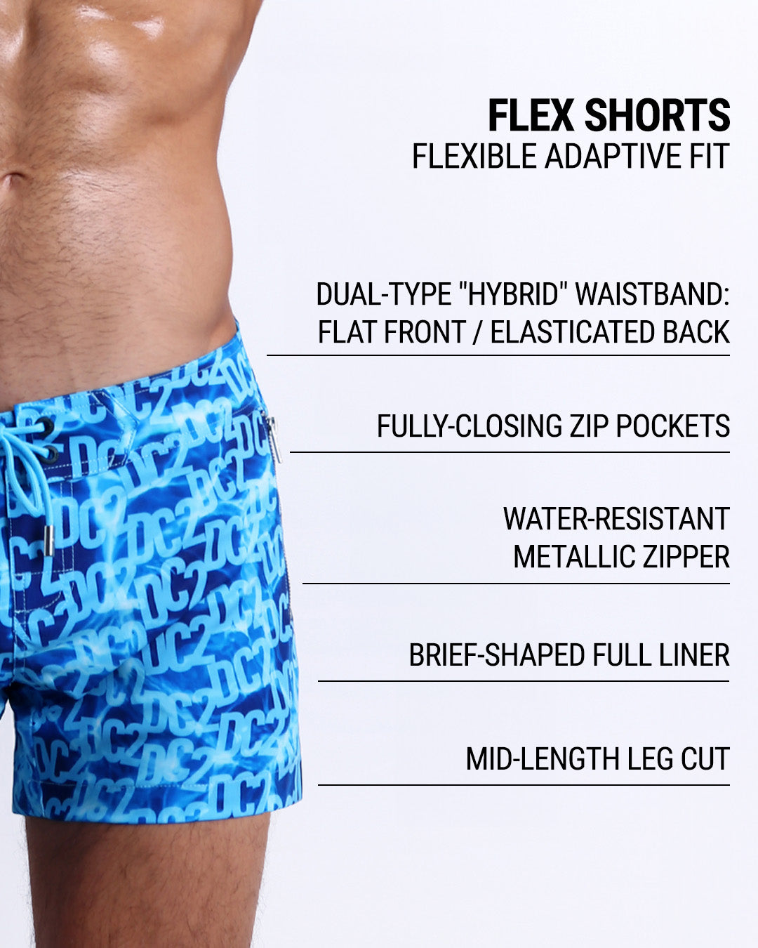 DC2’s Flex Shorts feature a dual-type “hybrid” waistband, fully-closing zip pockets, water-resistant metallic zipper, full liner, and mid-length leg cut for an adaptive, flexible fit.