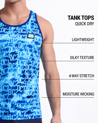 An infographic explaining the features of the lightweight, silky texture, 4-way stretch, and moisture-wicking material of the DC2 fitness tank top.