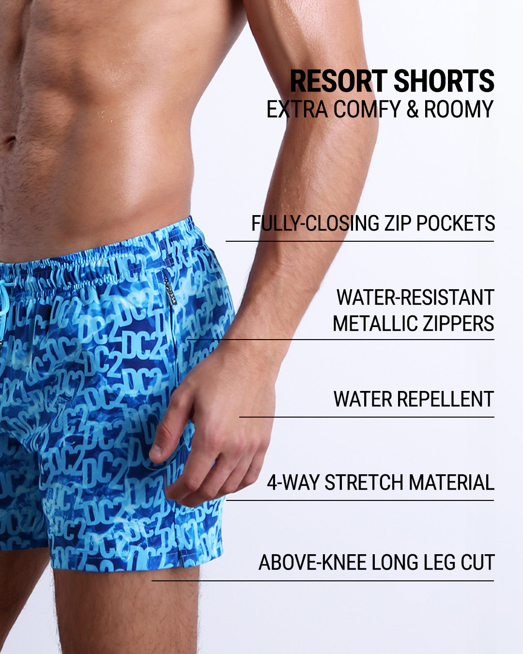 DC2’s Resort Shorts are designed to be comfortable and roomy, with fully-closing zip pockets and water-resistant metal zippers. They have 4-way stretch, water-repellent material, and are cut above the knee.