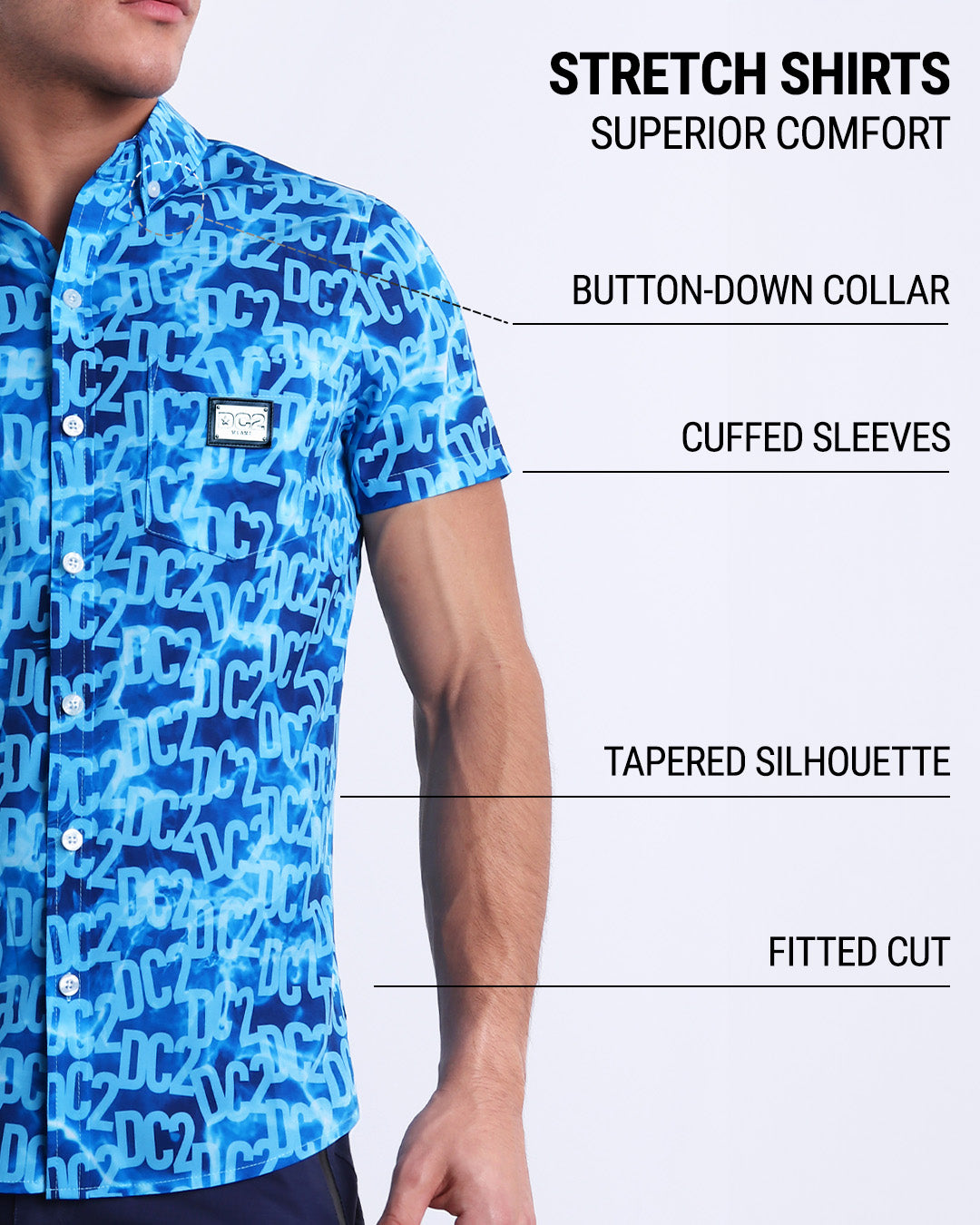 Infographic displaying the contemporary fit of DC2 men's sleeveless Hawaiian Stretch Shirt. This button up shirt features a button-down collar, cuffed sleeves, tapered silhouette, and a fitted cut. 