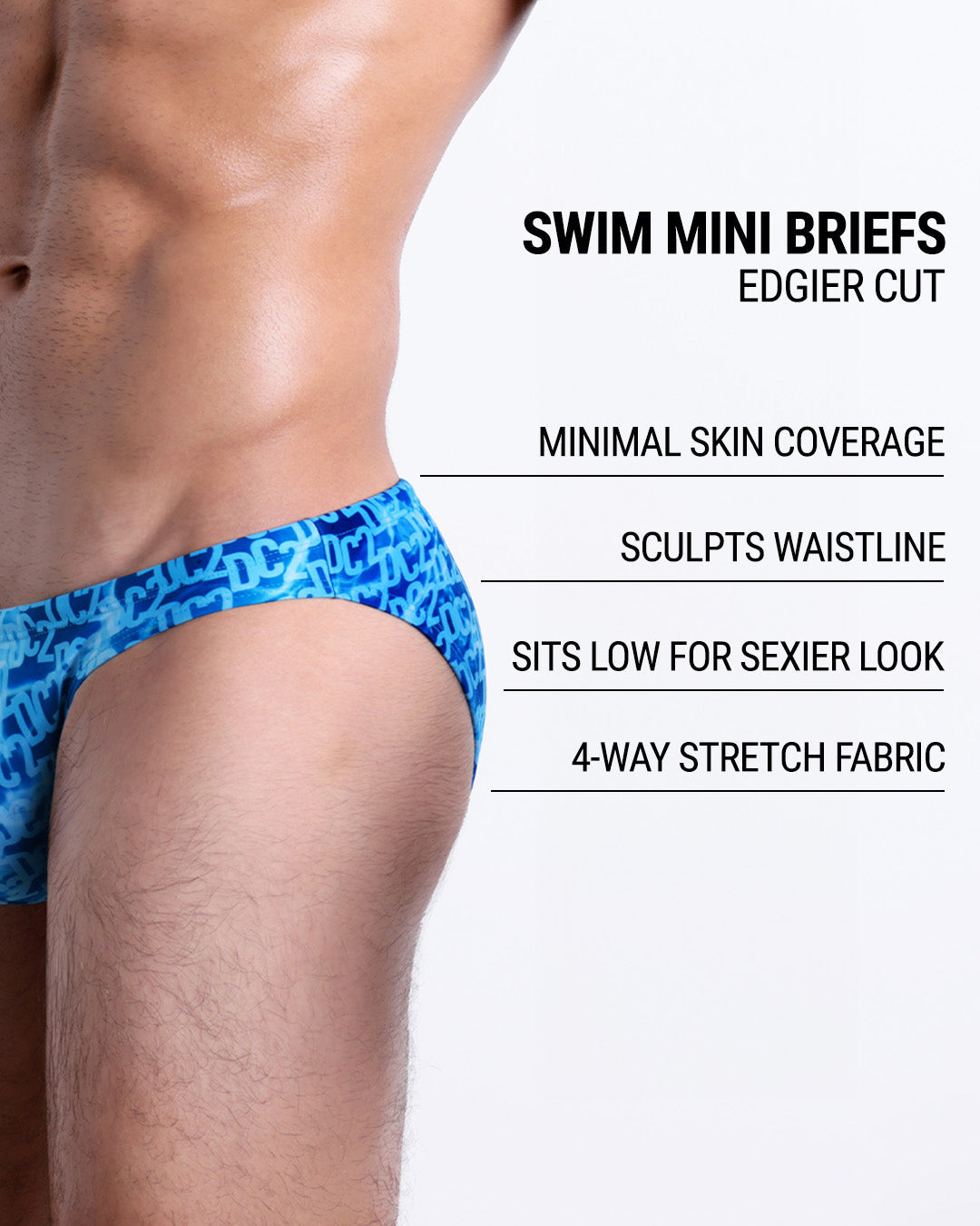 Infographic explaining the edgier cut of the Swim Mini Briefs. Features sculpt waitline, 4-way stretch fabric, sits low for sexier look, and has quick-dry material.