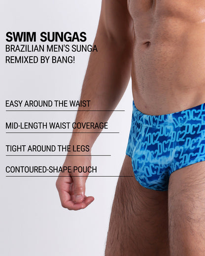 Infographic explaining the Brazilian Men's Swim Sunga remixed by BANG! These Swim Sunga are easy around the waist, are mid-length waist coverage, are tight aroung the legs, and have contoured-shape pouch.