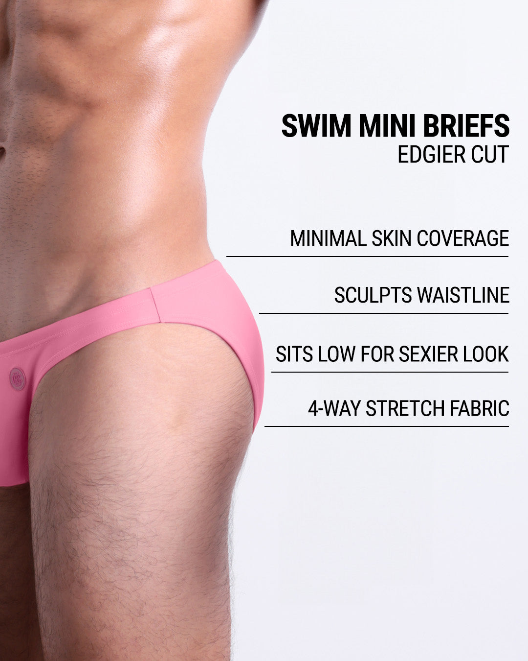 Infographic explaining the edgier cut of the Swim Mini Briefs. Features sculpt waitline, 4-way stretch fabric, sits low for sexier look, and has quick-dry material.