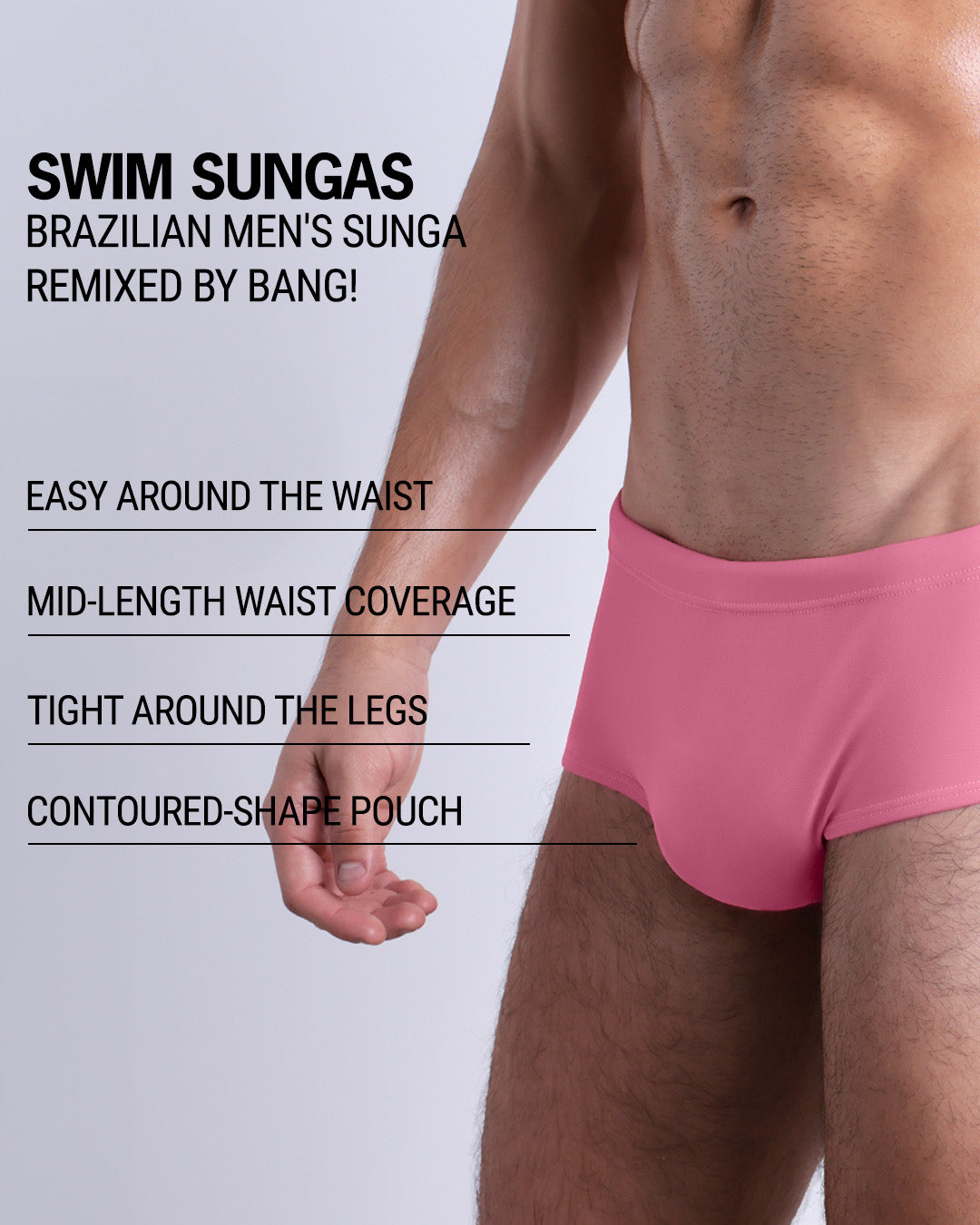 Infographic explaining the Brazilian Men's Swim Sunga remixed by BANG! These Swim Sunga are easy around the waist, are mid-length waist coverage, are tight aroung the legs, and have contoured-shape pouch.