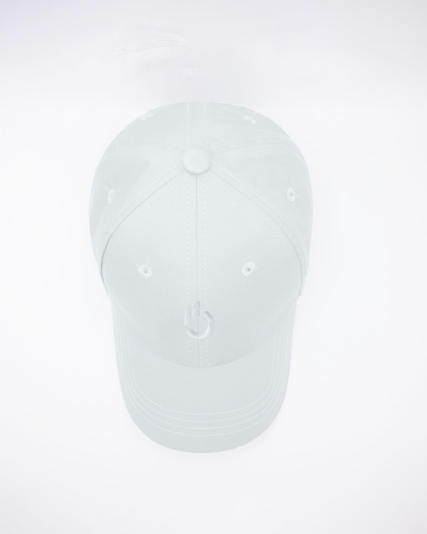 DC2 White Resort Cap — top view highlighting the six-panel construction, stitched seams, and breathable eyelets.