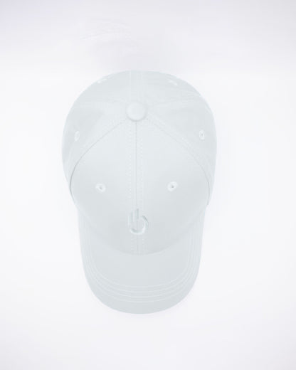 DC2 White Resort Cap — top view highlighting the six-panel construction, stitched seams, and breathable eyelets.