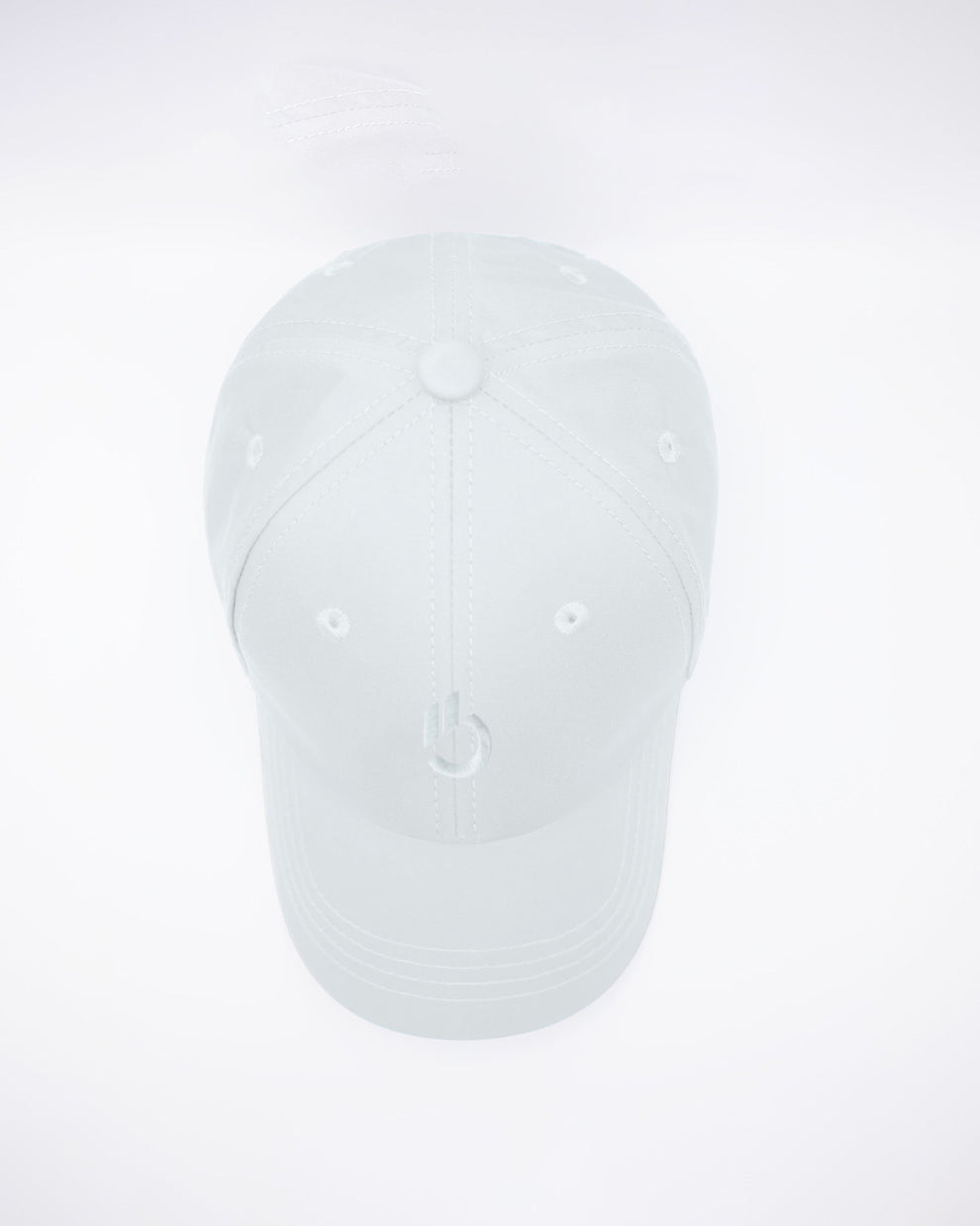 DC2 White Resort Cap — top view highlighting the six-panel construction, stitched seams, and breathable eyelets.
