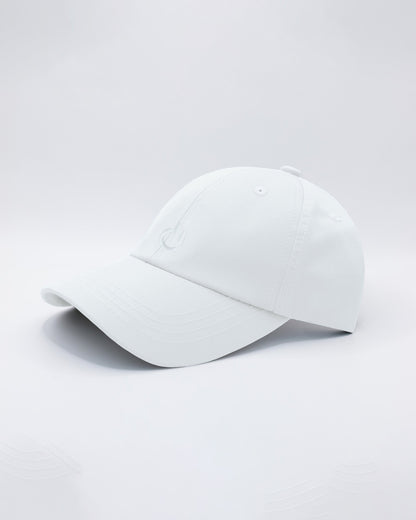 DC2 White Resort Cap — angled view emphasizing the curved brim, clean stitching, and minimal DC2 embroidery.