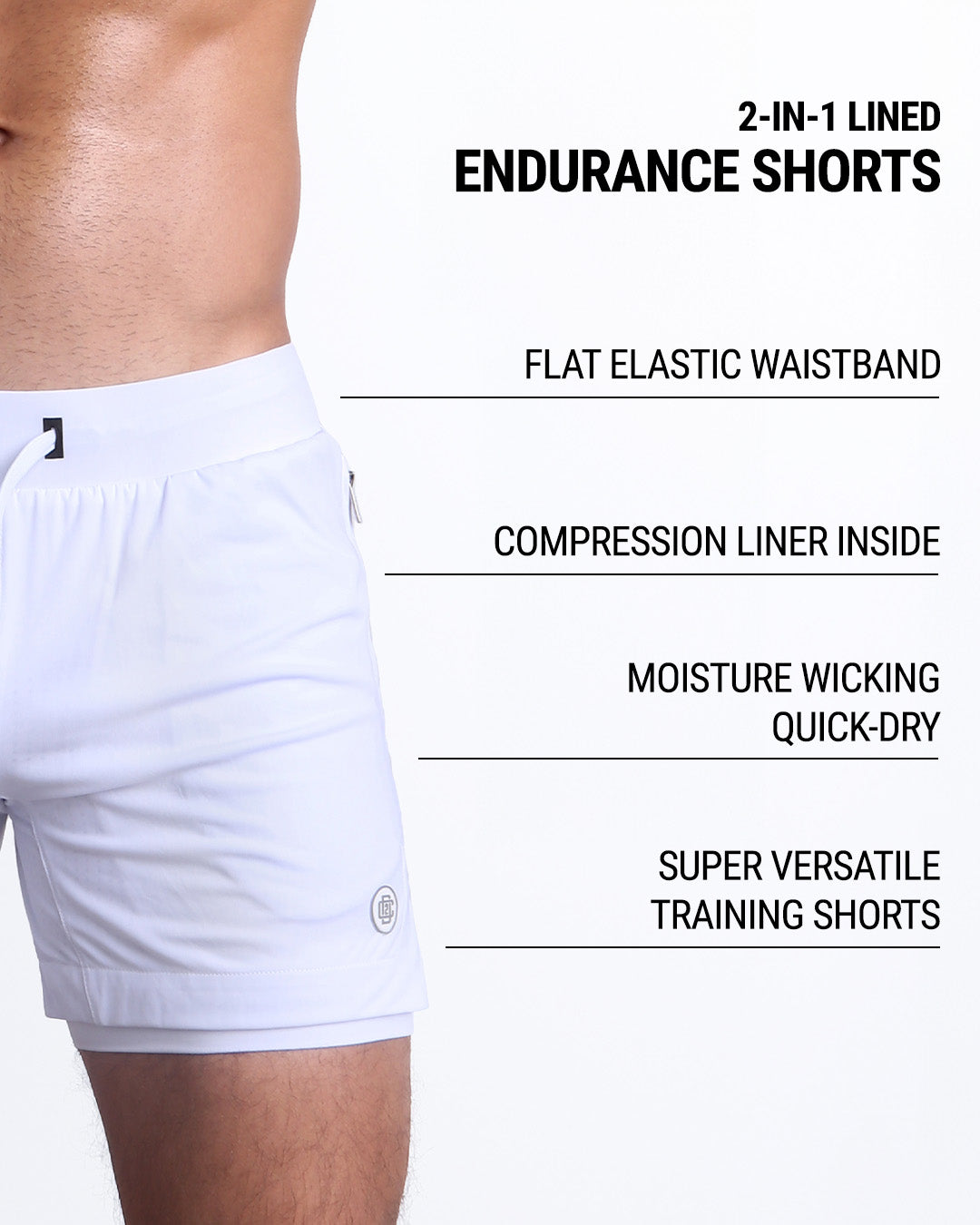 Infographic displaying the features of the men's fitness 2-in-1 Endurance Shorts. These gym shorts come with a flat elastic waistband and a compression liner inside, perfect for active sports such as crossfit, strength training, or running. The activewear shorts are made of moisture-wicking, quick-dry material, making them very versatile training shorts.